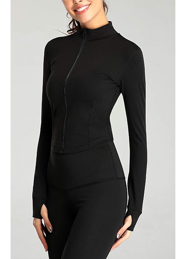 Tanming Women's Full Zip Seamless Workout Jacket Running Yoga Slim Fit Track Jacket（Black-M） - Image 3