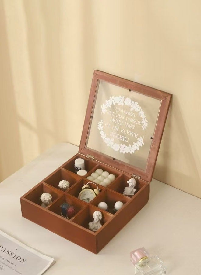 XiuWoo Tea Box Tea Bag Organizer, 9 Compartments Wood Tea Storage Box Holder with Clear Lid, Tea Chest Container Rustic Tea Organizer for Tea Bags, Coffee Pods, Sugar - Image 3