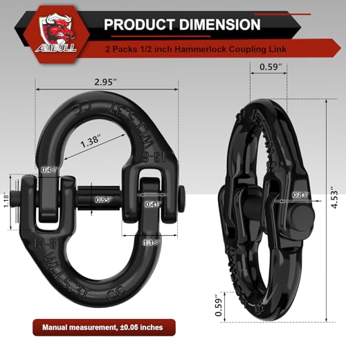 AMBULL 2 Pack 1/2" Safety Chain Connector Link, G80 Tow Hitch Hammerlock Coupling Link, Tow Chain Connector with 12000 lbs Loading (Black) - Image 2