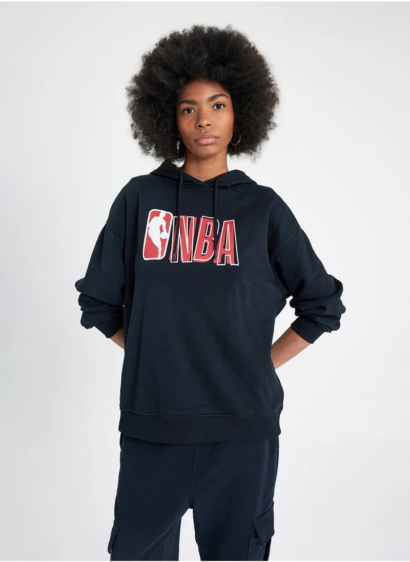 DeFacto Defactofit Nba Wordmark Oversized Fit Hooded Thick Sweatshirt