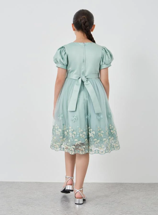 Styli Styli Girls Embroidered Puff Sleeves Mesh Dress