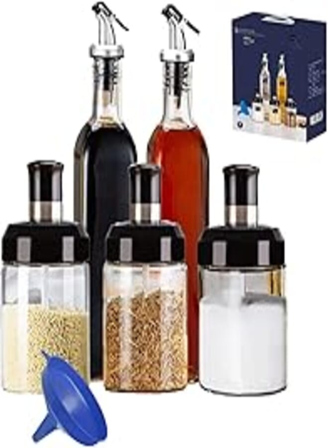 PALVOX-Seasoning Jars with Spoons Set of 5Condiment Pots Spice Jars with, Combination Spoon and Lid Design Glass Seasoning Jars 300ml/10 oz& 2 Olive Oil Bottles Dispenser (5PCS Spice set)