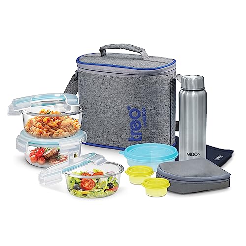 Treo by Milton All Fresh Premier Glass Tiffin with Bag, Set of 8 (3 Containers, 400ml Each; 1 Steel Bottle, 750 ml; 2 - Pickle/Chutney Dabba, 30ml Each; 1 Salad/Papad Dabba, 200ml; 1 Dining Mat) - Image 1