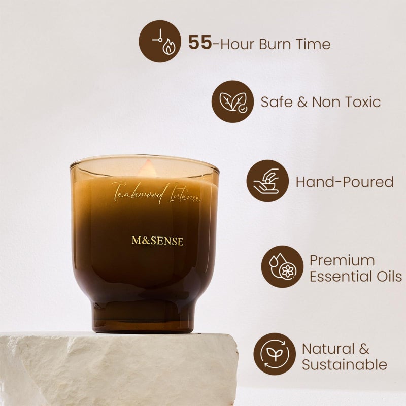 M&SENSE 9.88oz Natural Soy Wax Jar Candle with Wooden Wick | Teakwood Intense Scent | 55-Hour Burn & Long-Lasting Burn | Housewarming Gift for Men and Women - Image 2