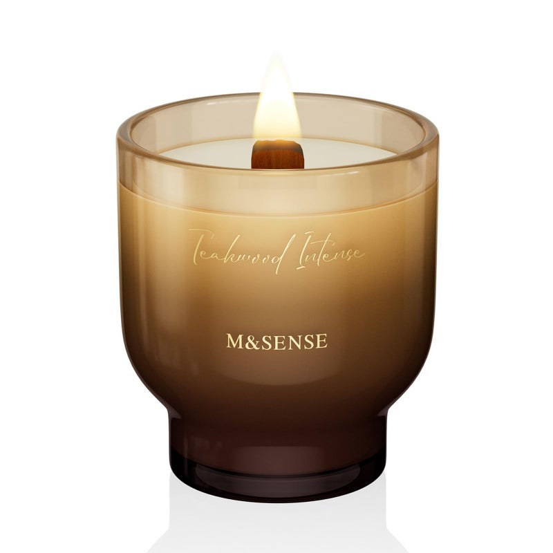 M&SENSE 9.88oz Natural Soy Wax Jar Candle with Wooden Wick | Teakwood Intense Scent | 55-Hour Burn & Long-Lasting Burn | Housewarming Gift for Men and Women - Image 1