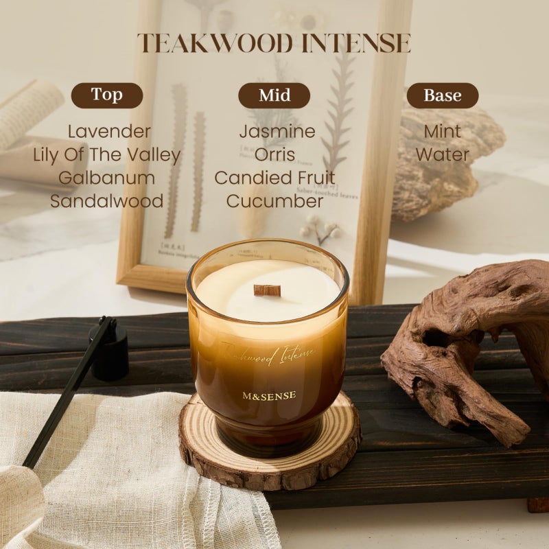 M&SENSE 9.88oz Natural Soy Wax Jar Candle with Wooden Wick | Teakwood Intense Scent | 55-Hour Burn & Long-Lasting Burn | Housewarming Gift for Men and Women - Image 3