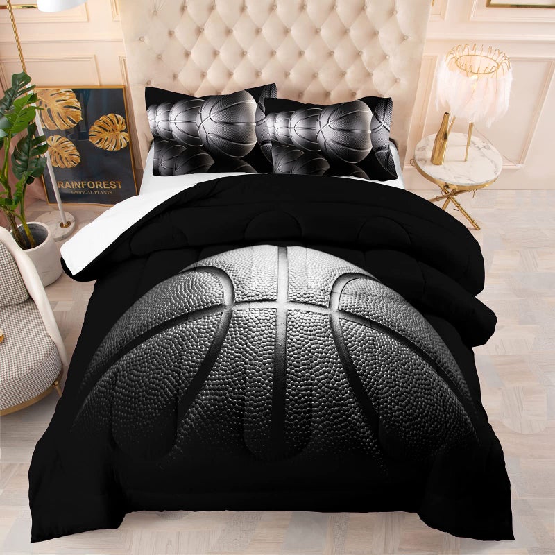Tailor Shop Basketball Comforter Set for Boys Kids Teens Ultra Soft Microfiber Black and Gray Sports Theme Basketball Bedding Sets Full Size with 1 Comforter and 2 Pillowcases