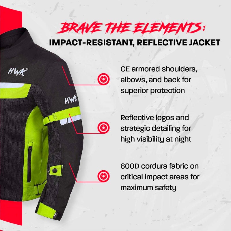 HWK Mesh Motorcycle Jacket Riding Air Motorbike Jacket Biker CE Armored Breathable (Large, Green) - Motorcycle Accessories - Image 3