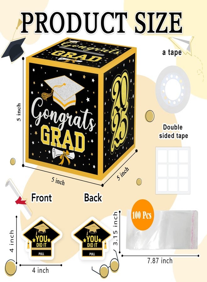 Misaidou 2025 Graduation Money Box for Cash Gift Pull, Funny Graduation Gifts for High School College, Black Gold Money Pull Box Gift 2025 Grad Suprise, DIY Fun Cash Box with 100Pcs Transparent Bags - Image 2