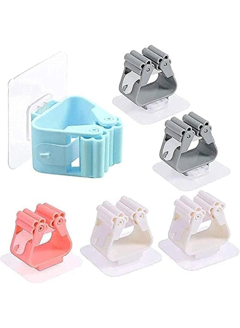 6-piece wall-mounted mop and broom holder set designed for organizing bathrooms, kitchens, and behind doors. Strong adhesive installation, waterproof, and suitable for multiple types of tools.