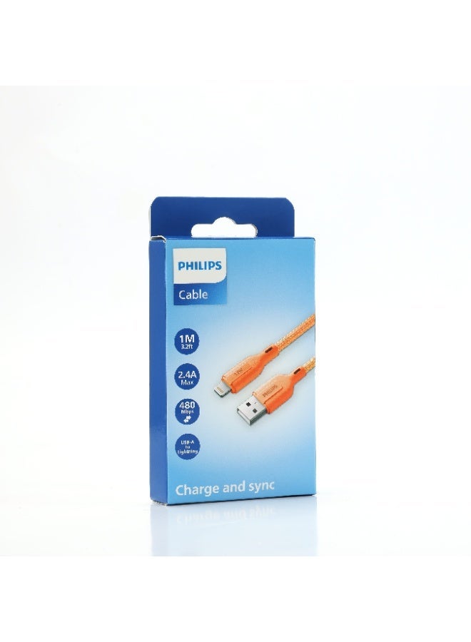 PHILIPS USB Type-A to Lightning Fast Charging Cable, 12W Fast Charging, 480Mbps Data Transfer, Nylon Braided, 1m, DLC4130VR/94 orange - Image 5