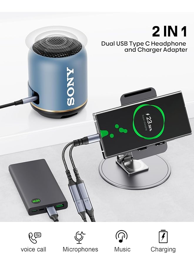 erorex Usb C Splitter Dual Usb C Headphone & Charger Adapter 2 In 1 Type C Audio Dongle Cable W Pd 60W Fast Charging Music & Call Support For Iphone 16 15 Pro Max Galaxy S24 S23 Pixel 9 8 7 Ipad Pro - Image 2