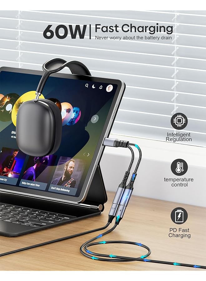 erorex Usb C Splitter Dual Usb C Headphone & Charger Adapter 2 In 1 Type C Audio Dongle Cable W Pd 60W Fast Charging Music & Call Support For Iphone 16 15 Pro Max Galaxy S24 S23 Pixel 9 8 7 Ipad Pro - Image 4