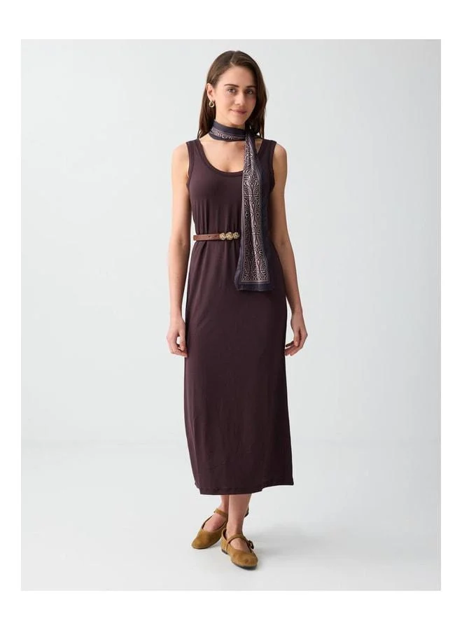 Jimmy Key Bitter Coffee Straight-Cut Strappy V-Neck Knit Midi Dress.