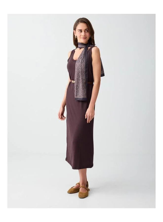 Jimmy Key Bitter Coffee Straight-Cut Strappy V-Neck Knit Midi Dress.