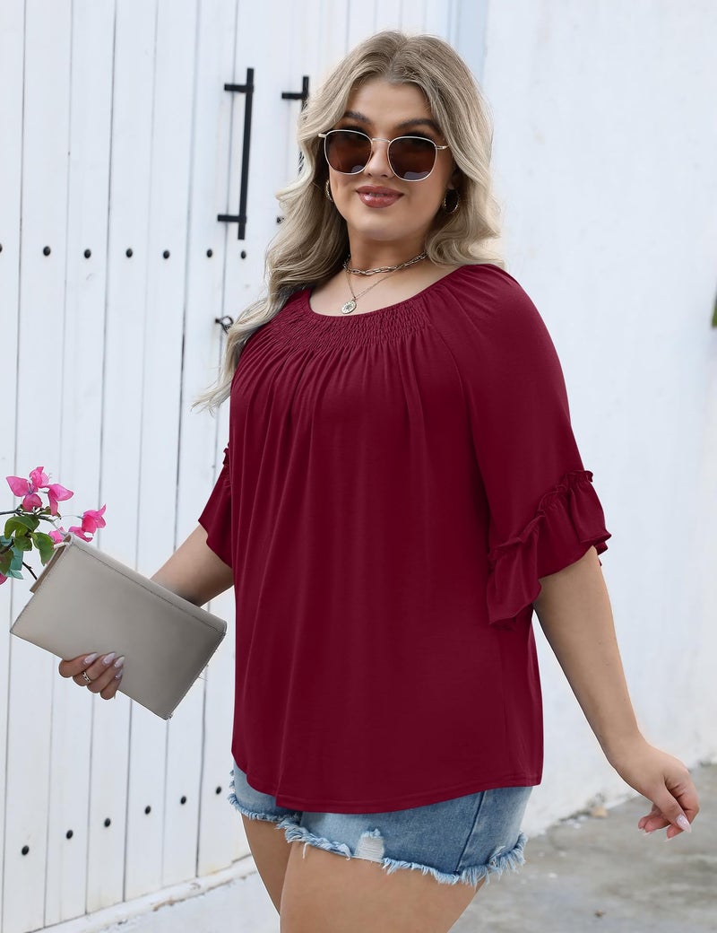 Micoson Tops for Women Trendy 2025 Womens 3/4 Sleeve Shirts Ruffle Bell Pleated Dressy Casual Top Wine Red - Image 3