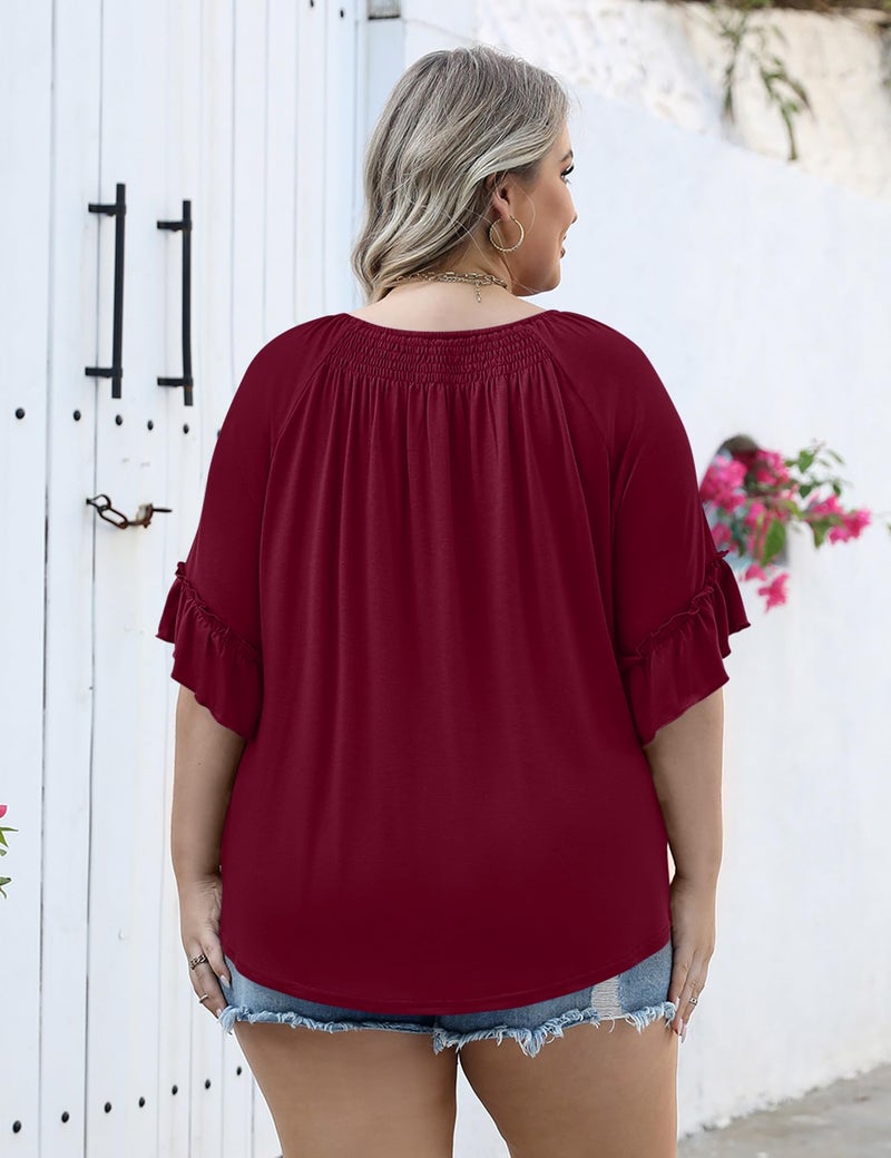 Micoson Tops for Women Trendy 2025 Womens 3/4 Sleeve Shirts Ruffle Bell Pleated Dressy Casual Top Wine Red - Image 2