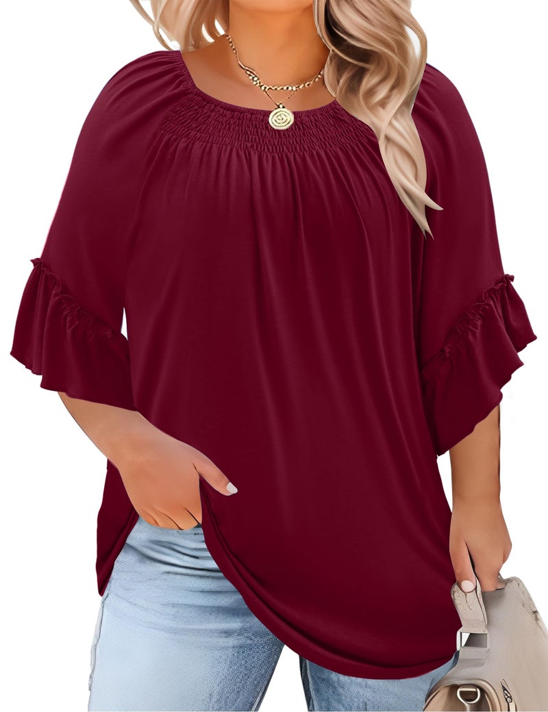Micoson Tops for Women Trendy 2025 Womens 3/4 Sleeve Shirts Ruffle Bell Pleated Dressy Casual Top Wine Red - Image 1