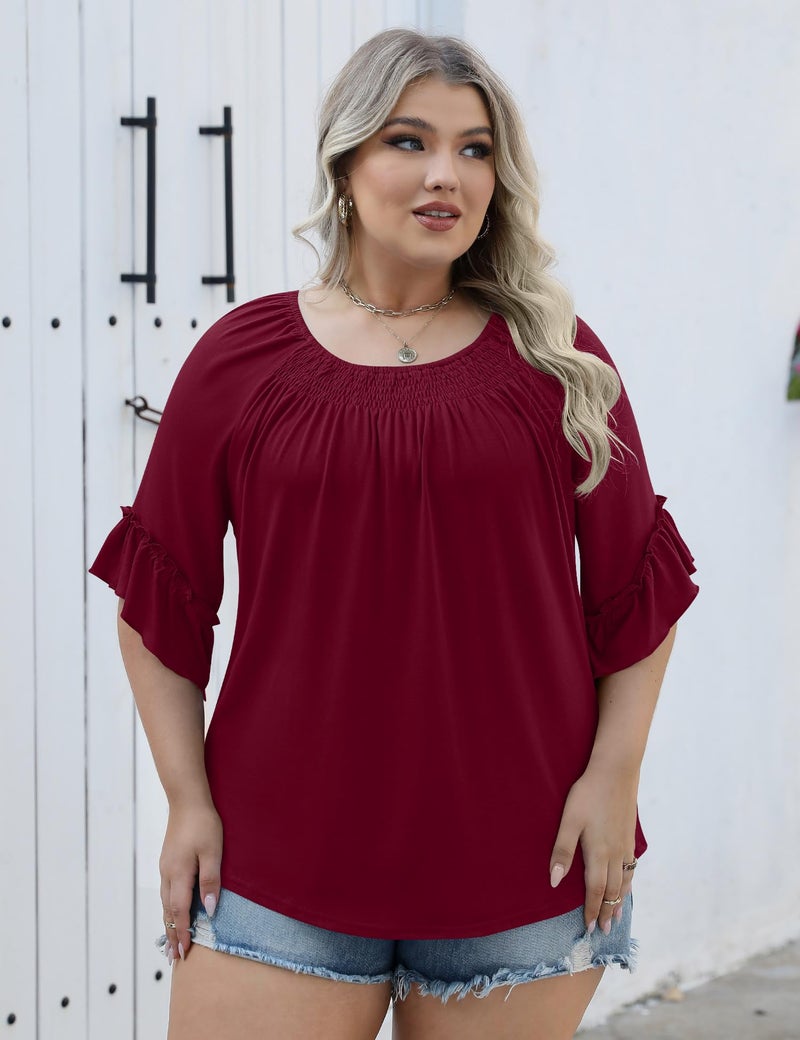 Micoson Tops for Women Trendy 2025 Womens 3/4 Sleeve Shirts Ruffle Bell Pleated Dressy Casual Top Wine Red - Image 5