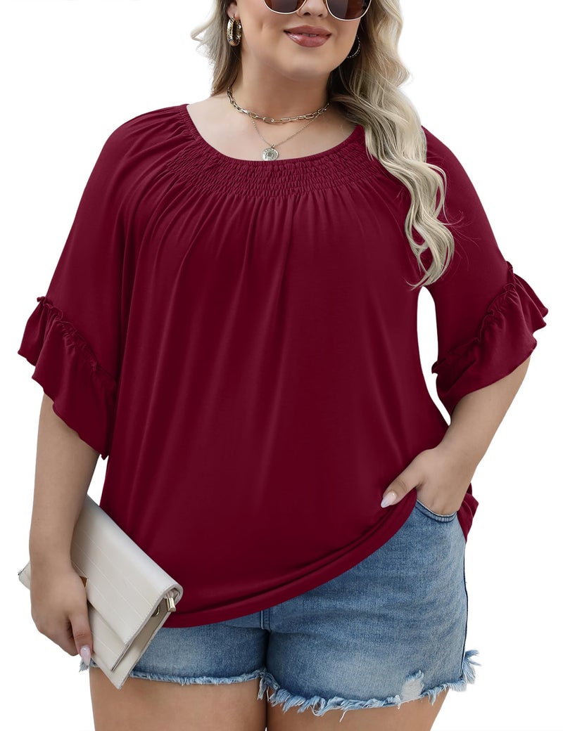 Micoson Tops for Women Trendy 2025 Womens 3/4 Sleeve Shirts Ruffle Bell Pleated Dressy Casual Top Wine Red - Image 4