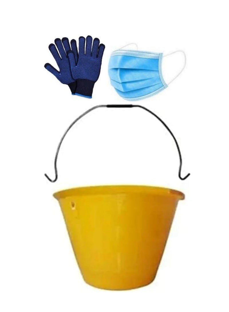 ABBASALI PVC Light Weight Bucket with Handle for Outdoor Gardeners,Construction Field etc With 3 Pair Gloves & 20Pcs Face Mask (6, YELLOW)  - Image 1