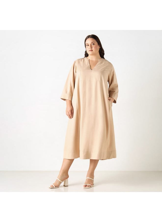 Ulla Popken Plus Size Ulla Popken Solid Dress with Split Neck and 3/4 Sleeves  - Image 1