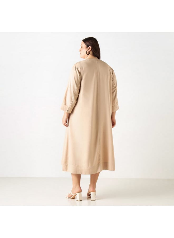 Ulla Popken Plus Size Ulla Popken Solid Dress with Split Neck and 3/4 Sleeves  - Image 3