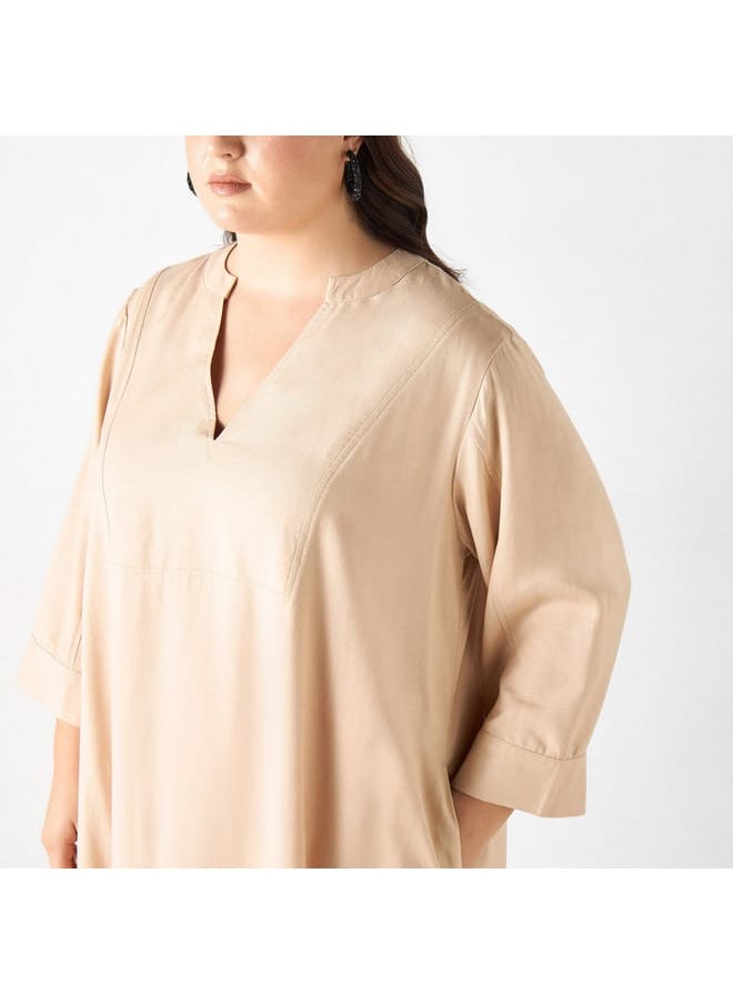 Ulla Popken Plus Size Ulla Popken Solid Dress with Split Neck and 3/4 Sleeves  - Image 4