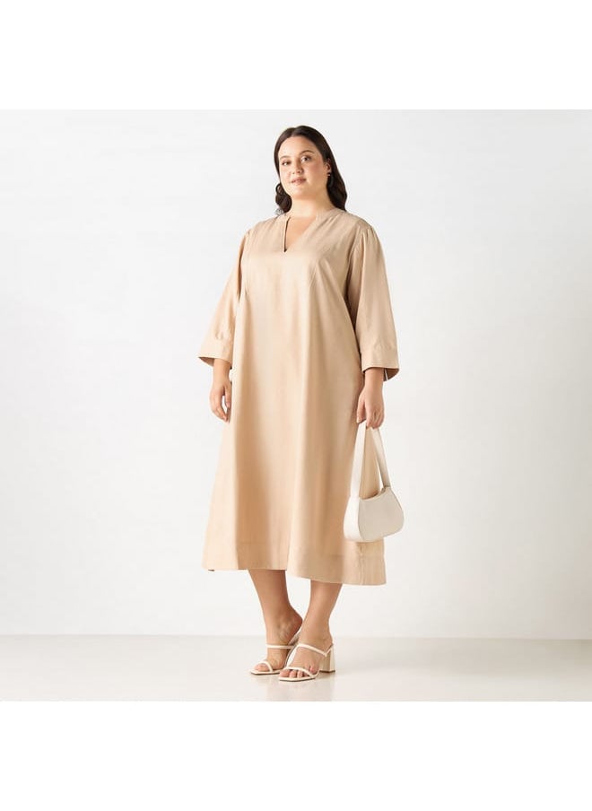 Ulla Popken Plus Size Ulla Popken Solid Dress with Split Neck and 3/4 Sleeves  - Image 2