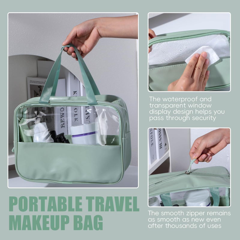 NVTED 3PCS Clear Hanging Travel Toiletry Bag, Cosmetic Bags Set Waterproof Transparent PVC Travel Makeup Pouch Carry on Travel Organizer Bag (Green) - Image 2