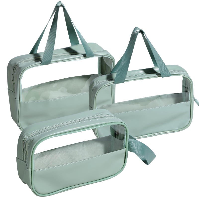 NVTED 3PCS Clear Hanging Travel Toiletry Bag, Cosmetic Bags Set Waterproof Transparent PVC Travel Makeup Pouch Carry on Travel Organizer Bag (Green) - Image 1