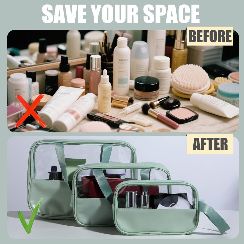 NVTED 3PCS Clear Hanging Travel Toiletry Bag, Cosmetic Bags Set Waterproof Transparent PVC Travel Makeup Pouch Carry on Travel Organizer Bag (Green) - Image 3