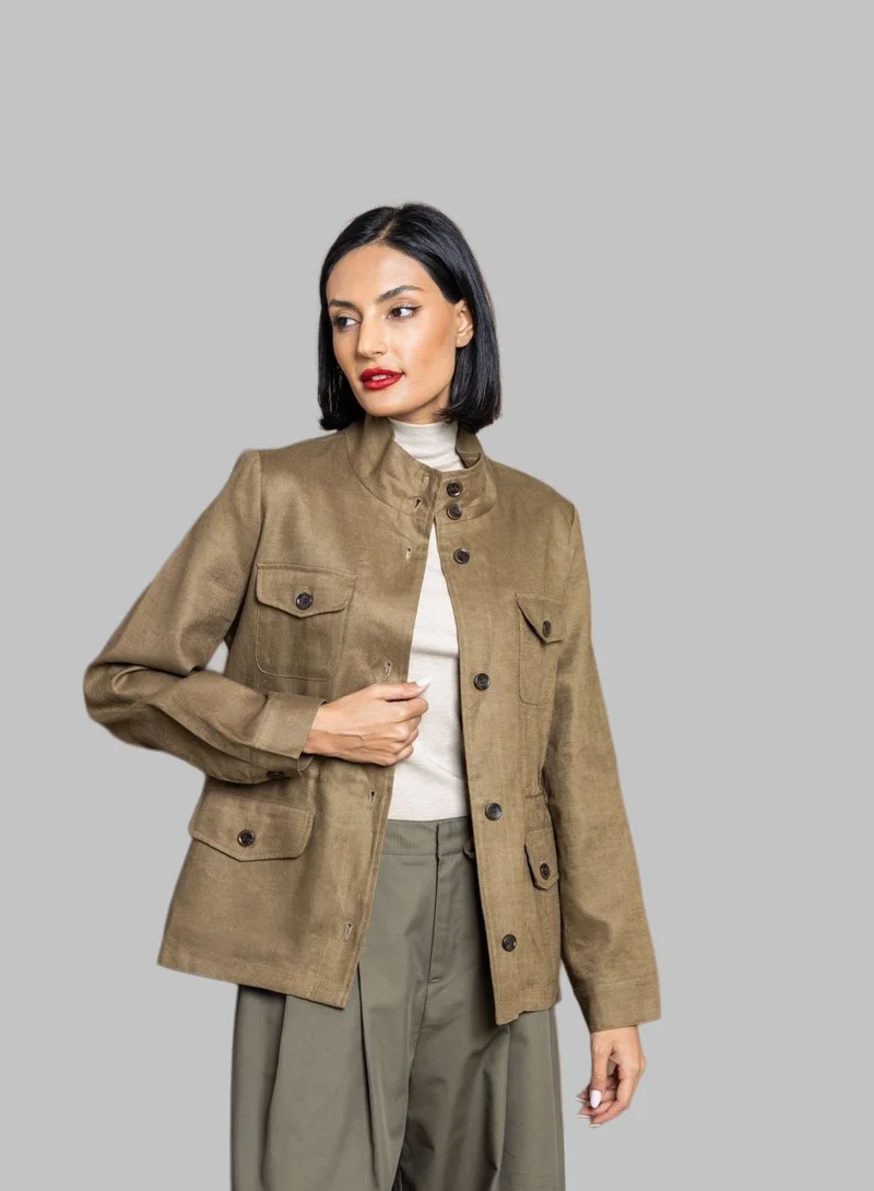 بوند جاكيت أخضر عسكري بقصة مهيكلة وجيوب عملية (ستايل سفاري)