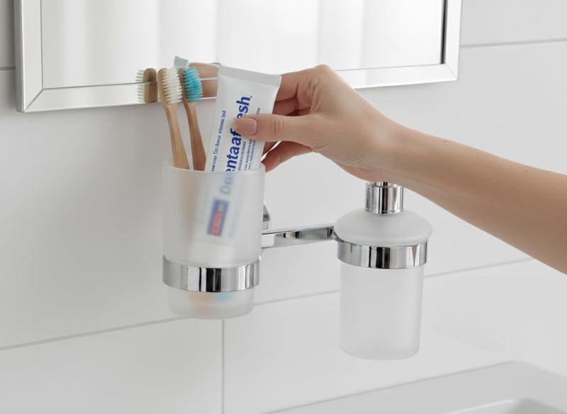 KANJAL Premium 2-in-1 Bathroom Organizer 304 Stainless Steel Wall Mount Holder with Frosted Glass Tumbler and Liquid Soap Dispenser Pump Rustproof Chrome Finish Ideal for Toothbrush, Paste & Handwash - Image 3