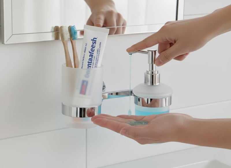 KANJAL Premium 2-in-1 Bathroom Organizer 304 Stainless Steel Wall Mount Holder with Frosted Glass Tumbler and Liquid Soap Dispenser Pump Rustproof Chrome Finish Ideal for Toothbrush, Paste & Handwash - Image 4
