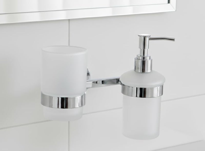 KANJAL Premium 2-in-1 Bathroom Organizer 304 Stainless Steel Wall Mount Holder with Frosted Glass Tumbler and Liquid Soap Dispenser Pump Rustproof Chrome Finish Ideal for Toothbrush, Paste & Handwash - Image 2