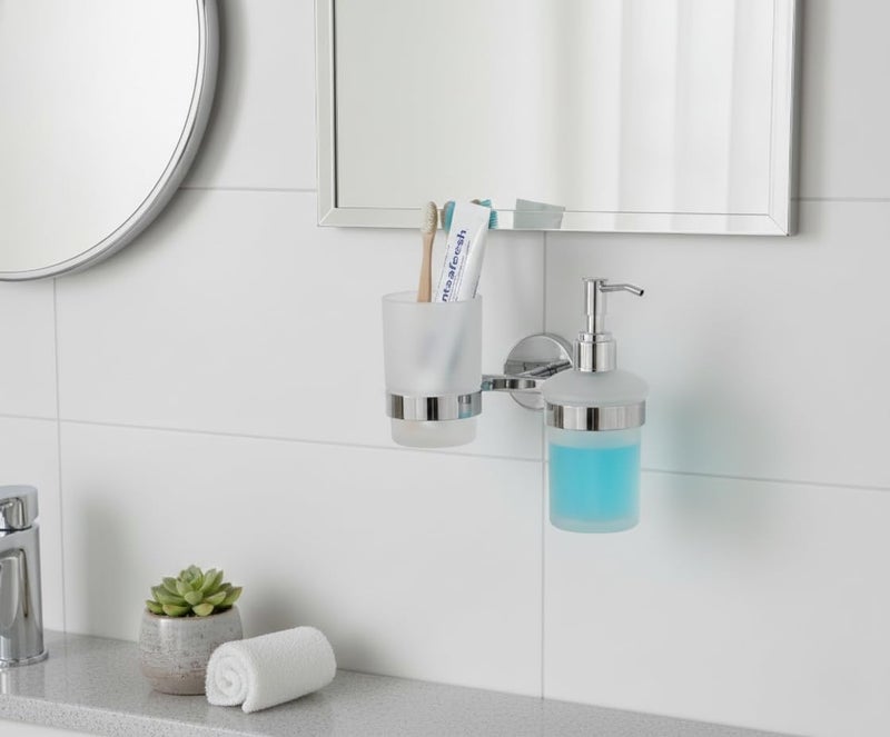 KANJAL Premium 2-in-1 Bathroom Organizer 304 Stainless Steel Wall Mount Holder with Frosted Glass Tumbler and Liquid Soap Dispenser Pump Rustproof Chrome Finish Ideal for Toothbrush, Paste & Handwash - Image 1