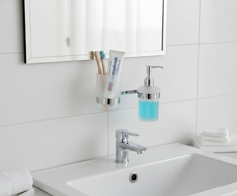 KANJAL Premium 2-in-1 Bathroom Organizer 304 Stainless Steel Wall Mount Holder with Frosted Glass Tumbler and Liquid Soap Dispenser Pump Rustproof Chrome Finish Ideal for Toothbrush, Paste & Handwash - Image 5