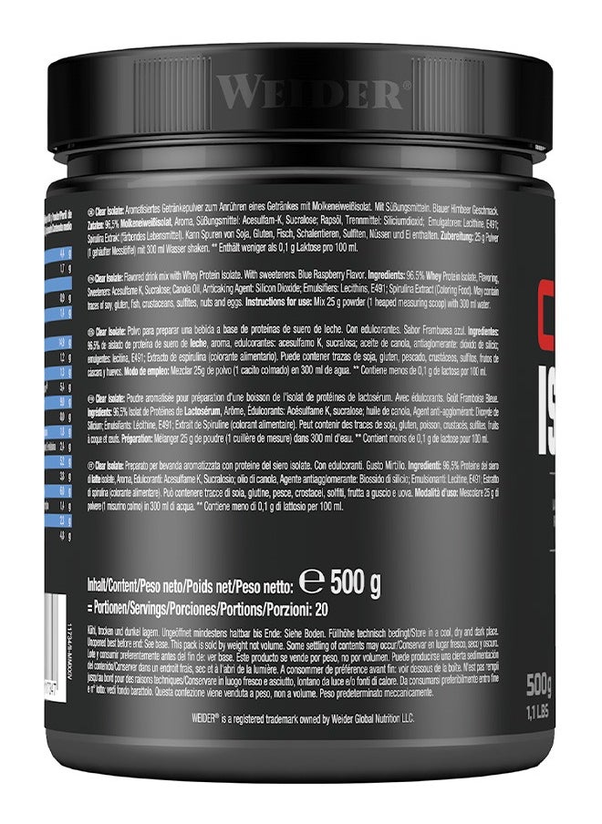 Weider - Clear Isolate 500g, Blue Raspberry, Lactose Free - Zero Sugar And Fat - High Protein Refreshing Drink - Image 1