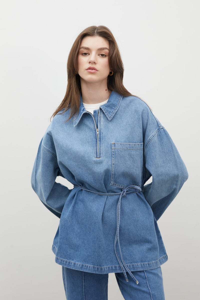 Manuka Shirt Collar Denim Blouse Blue  - Image 1