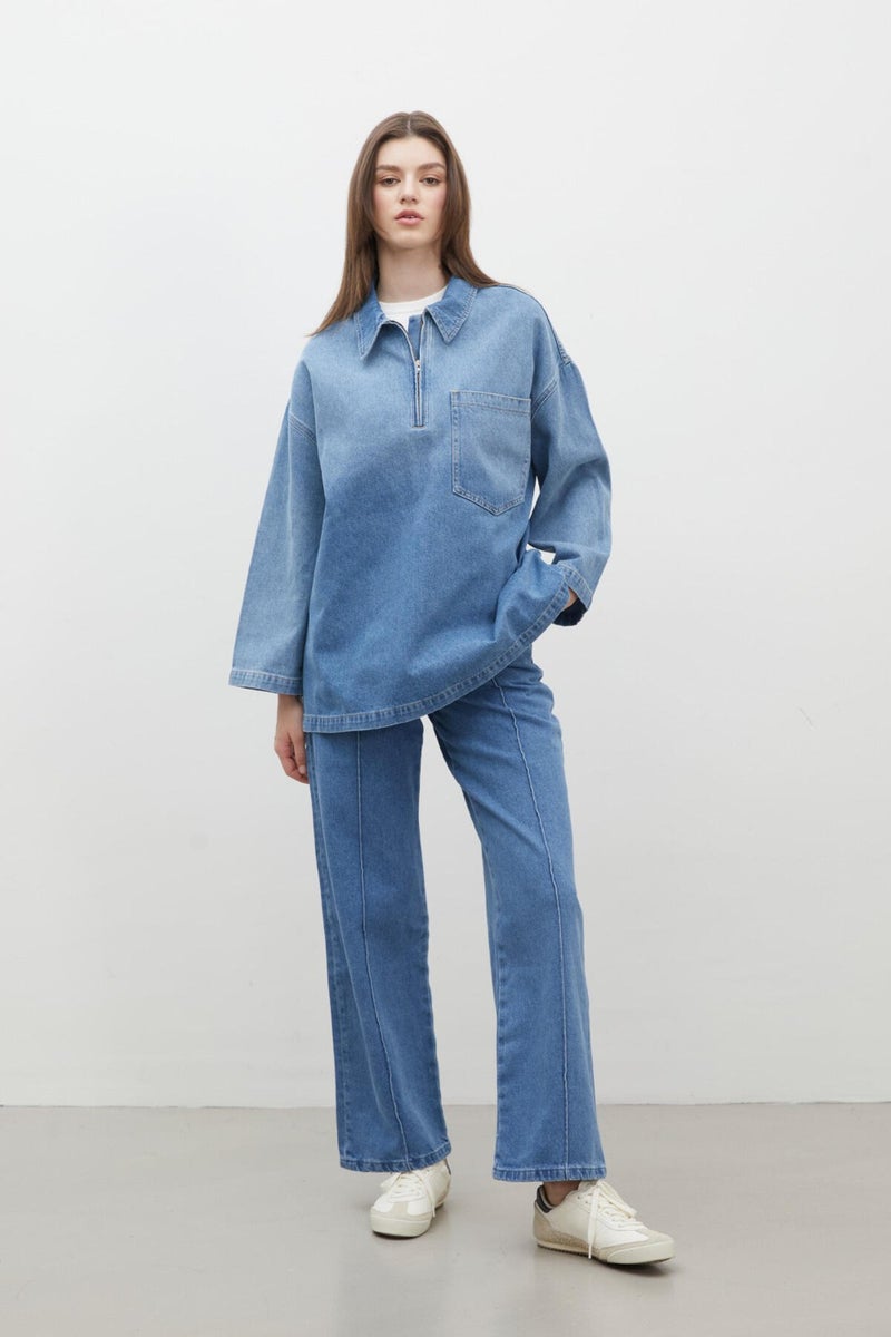 Manuka Shirt Collar Denim Blouse Blue  - Image 3