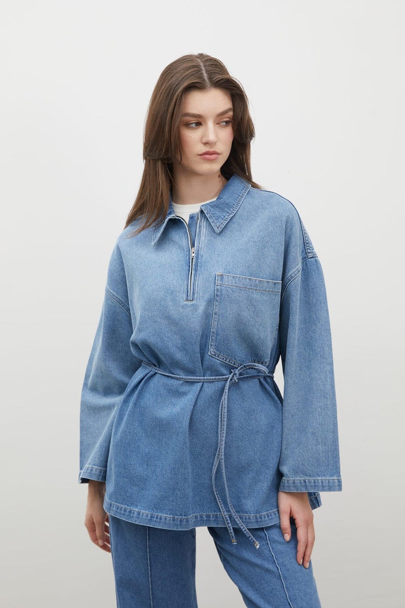 Manuka Shirt Collar Denim Blouse Blue  - Image 4