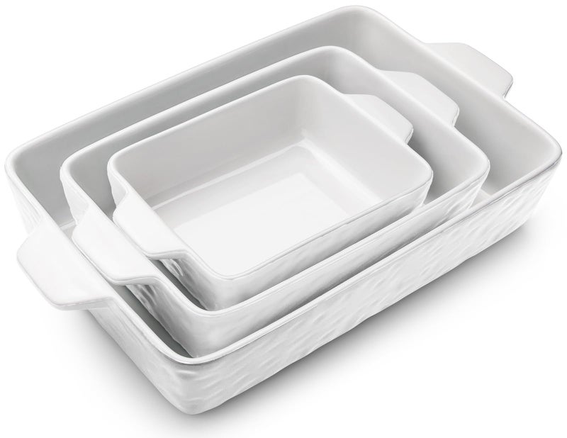 Krokori Casserole Dishes for Oven, Ceramic Baking Dishes, Lasagna Pan with Handles, Porcelain Baking Pan Deep, Bakeware for Baking, Cooking, Wedding Gift, Set of 3 (11.6" x 7.8", White) - Image 1