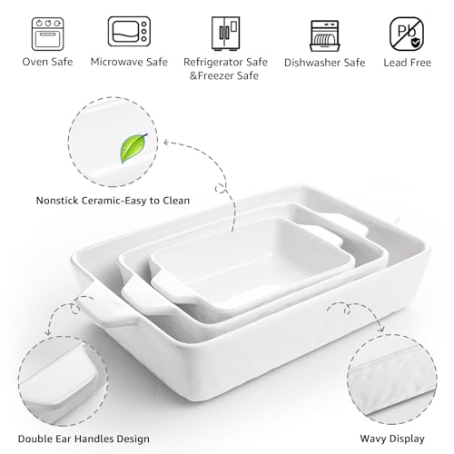 Krokori Casserole Dishes for Oven, Ceramic Baking Dishes, Lasagna Pan with Handles, Porcelain Baking Pan Deep, Bakeware for Baking, Cooking, Wedding Gift, Set of 3 (11.6" x 7.8", White) - Image 4