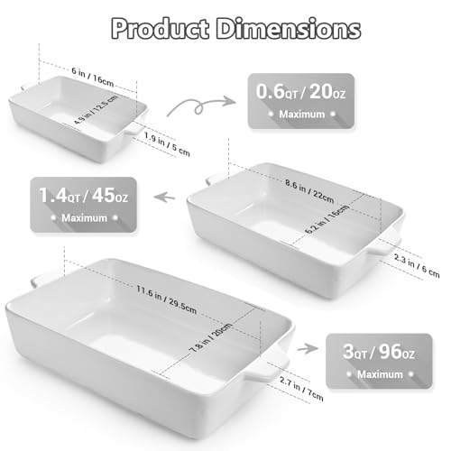 Krokori Casserole Dishes for Oven, Ceramic Baking Dishes, Lasagna Pan with Handles, Porcelain Baking Pan Deep, Bakeware for Baking, Cooking, Wedding Gift, Set of 3 (11.6" x 7.8", White) - Image 3