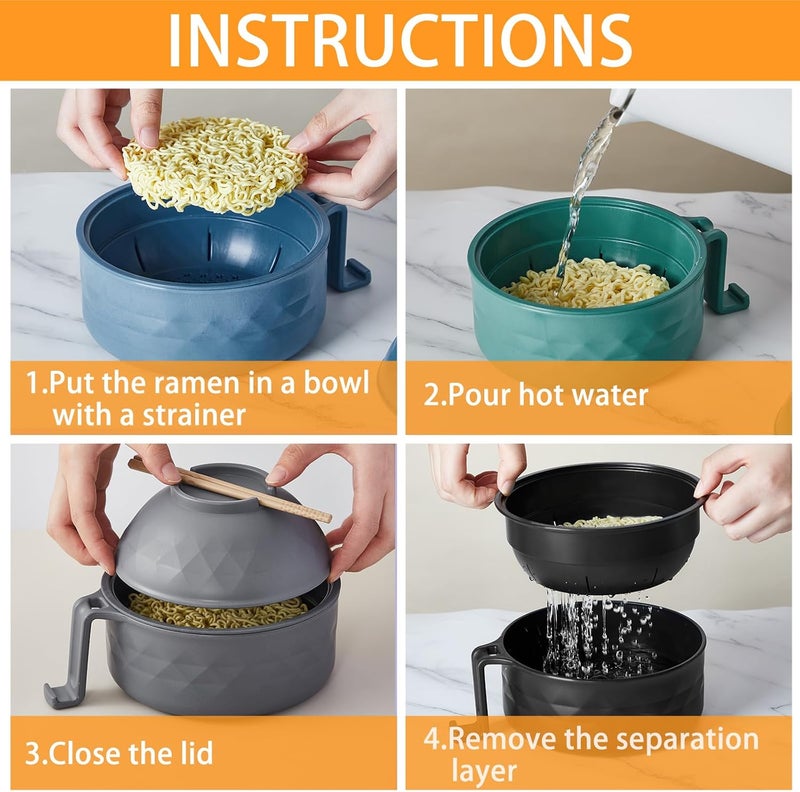 Romooa 4 Sets Microwave Ramen Cooker Set 33 oz Quick Ramen Bowl Set Microwave Noodle Cooker with Handle Noodle Bowl with Spoon Chopsticks Fork College Dorm RoomElegant Colors - Image 4