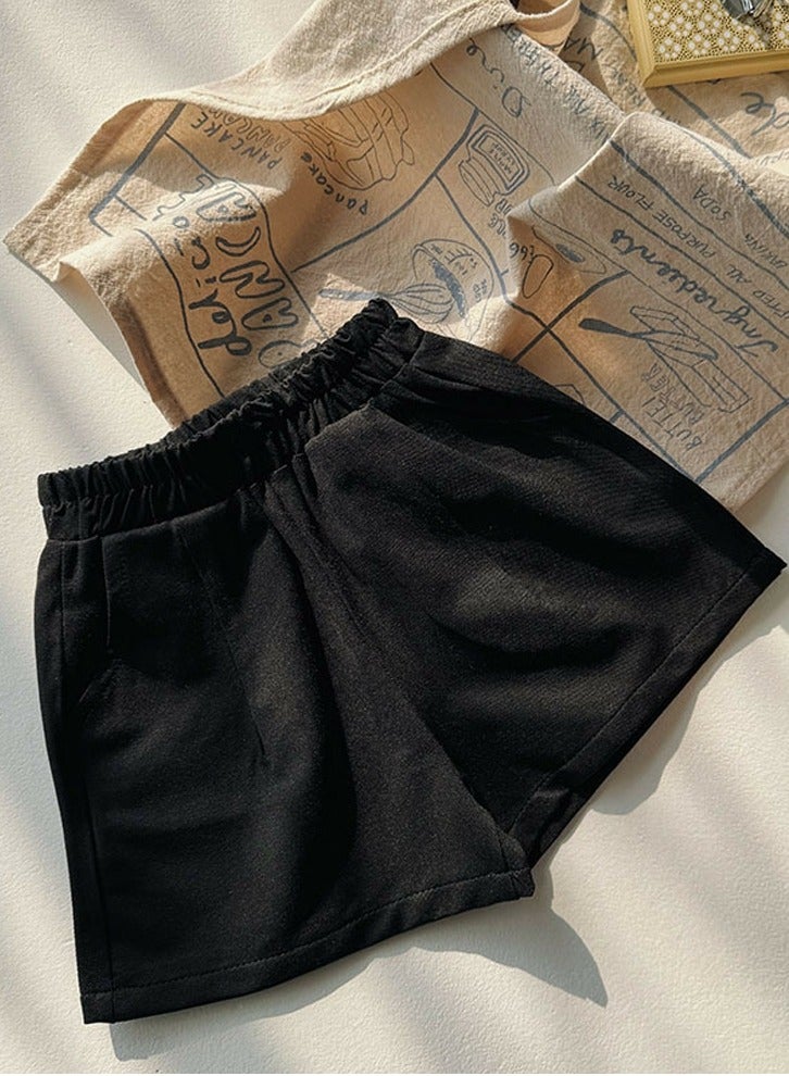 Loquat Girls Solid Color Elastic Waist Shorts With Pockets Summer Casual Wear Black 