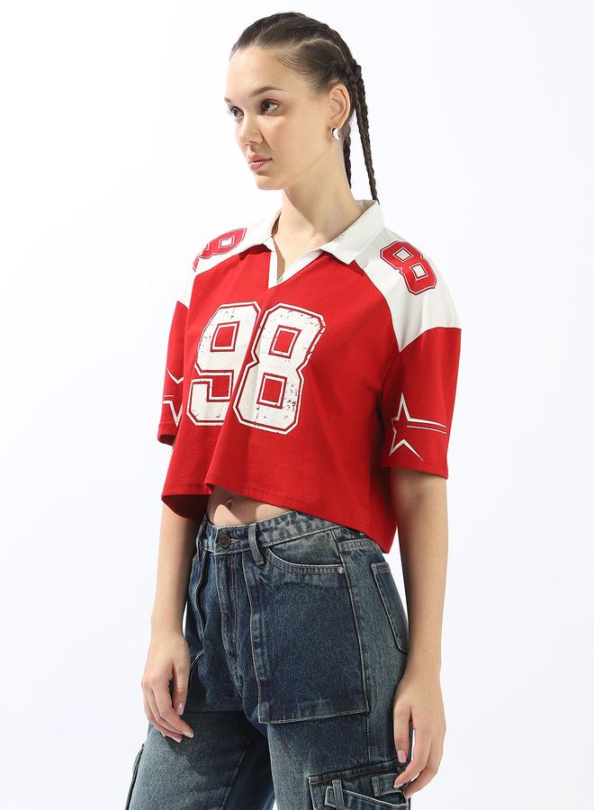 Hubberholme Women's Red 100% Cotton Printed Polo Boxy Fit T-Shirt - Image 3