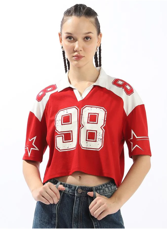 Hubberholme Women's Red 100% Cotton Printed Polo Boxy Fit T-Shirt