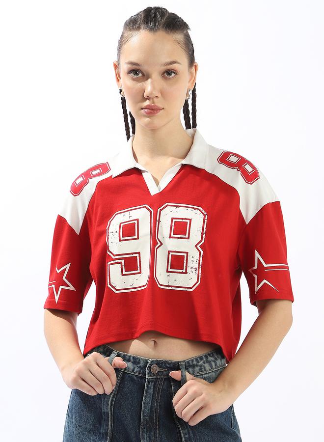 Hubberholme Women's Red 100% Cotton Printed Polo Boxy Fit T-Shirt - Image 1